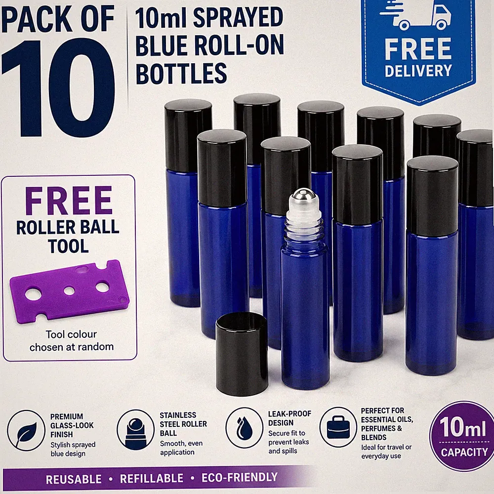 10 Stück blaue Glas Roller Flaschen 10 ml leer ätherisches Öl Parfüm Fläschchen + Werkzeug