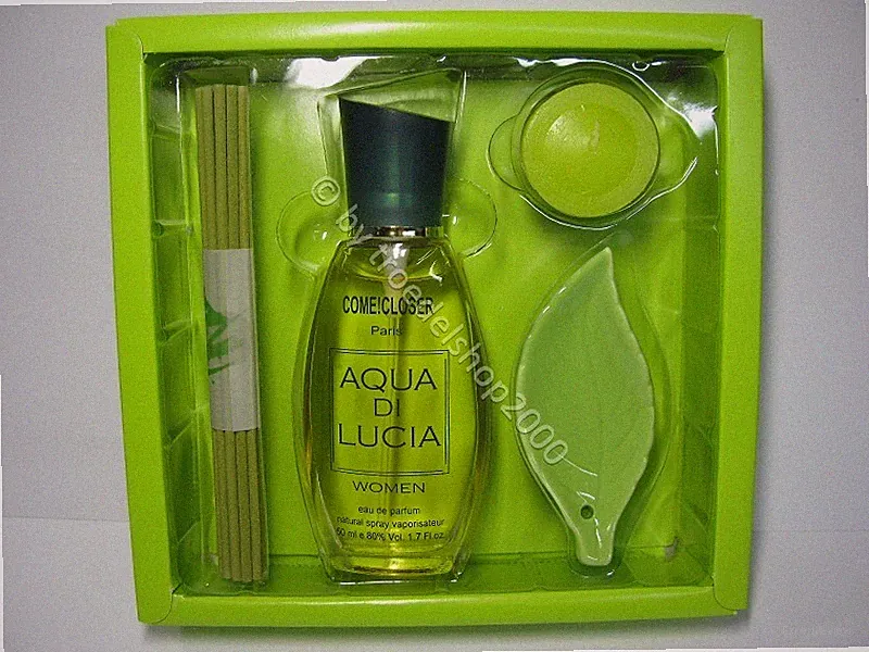 1085) Geschenk Set COME! CLOSER Aqua di Lucia EDP 50ml Kerze Duft Grüner Tee