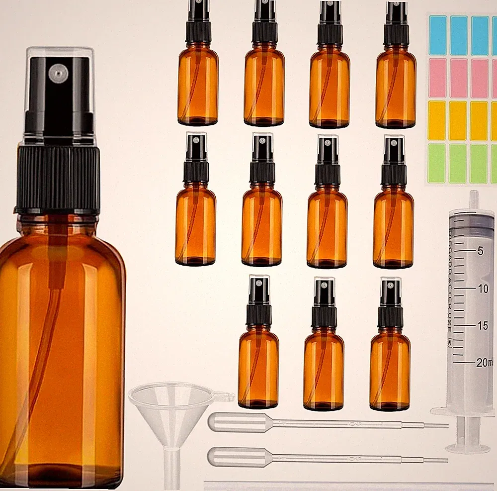 12 Stück Sprühflasche Glas, 30ml Braunglas Sprühflaschen zum Befüllen Tra