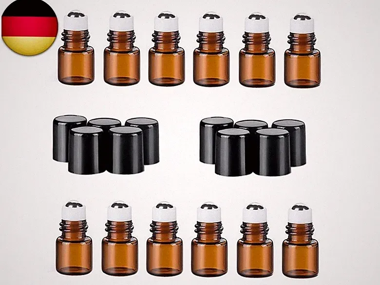 12 STÜCKE Mini Bernstein Glas Rollerflaschen mit Schwarzer Kappe und Stahl