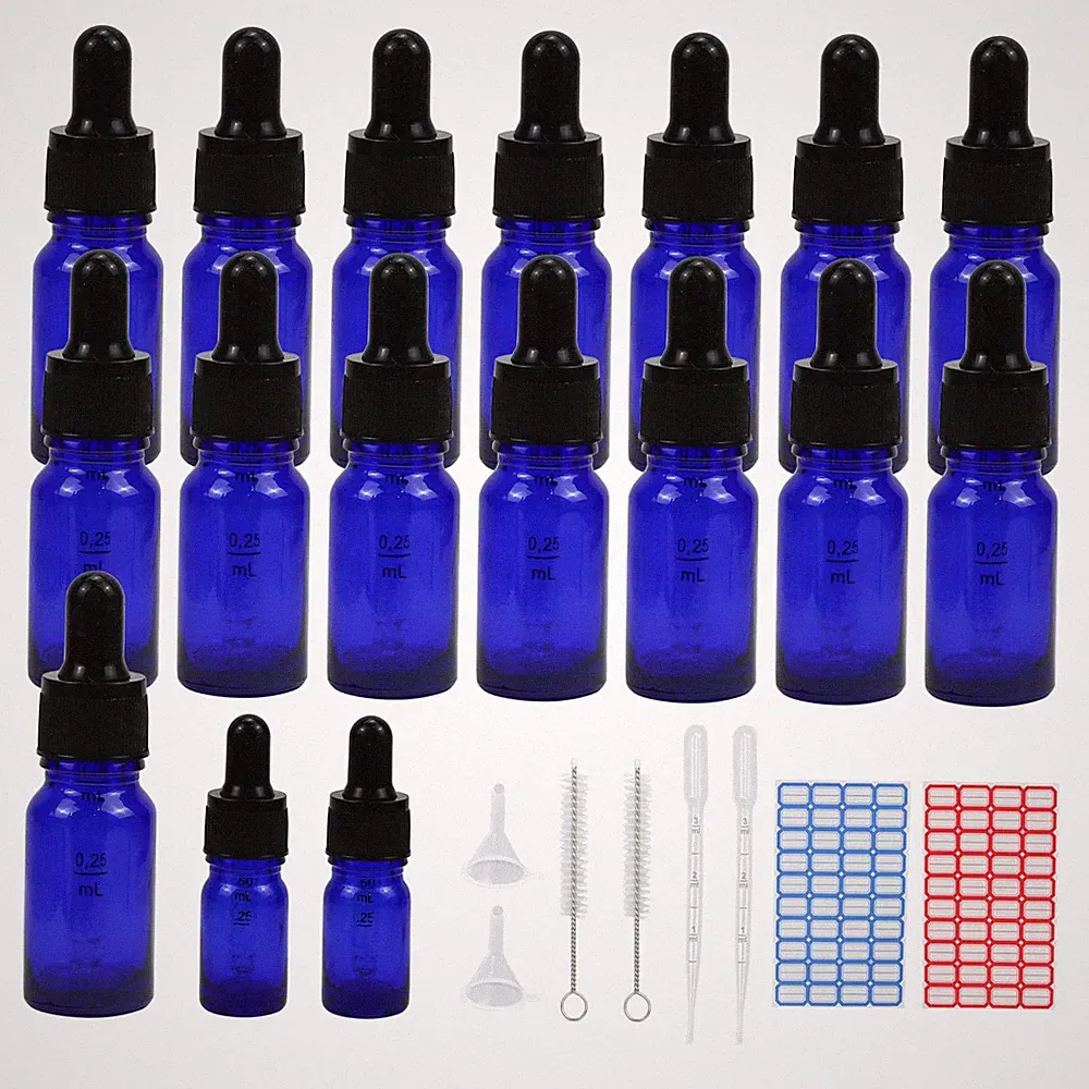 15 Stück 10ml Pipettenflasche, Tropfflasche Blaue Glasflaschen Set inkl. 5ml...