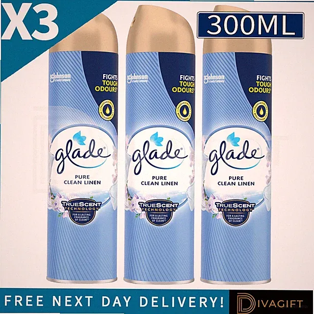 3 x GLADE PURE CLEAN LINEN LUFTERFRISCHER AEROSOL RAUMSPRAY 300ML TRUE SCENT NEU