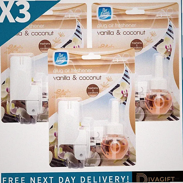 3 x PAN AROMA PLUG IN LUFTERFRISCHER GERÄT VANILLE & KOKOS DUFT NACHFÜLLER 20ML