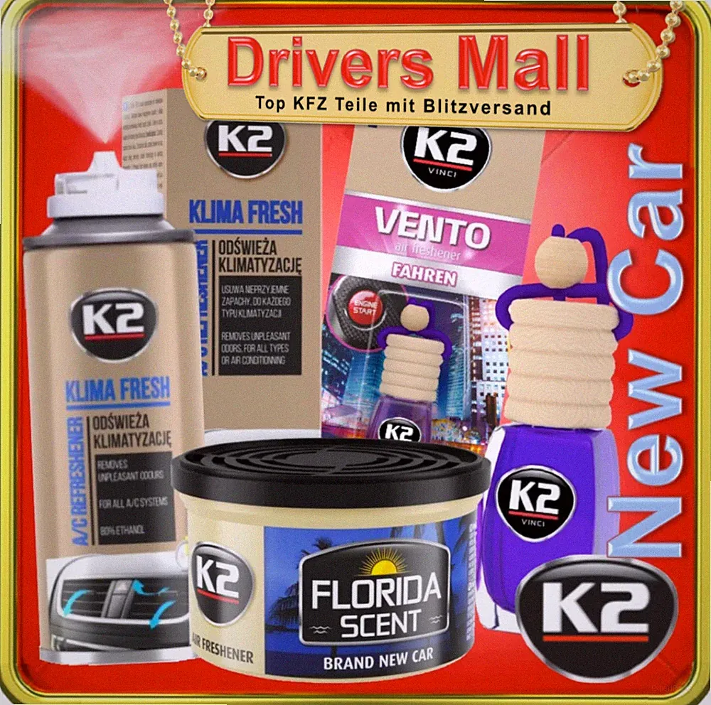 3x K2 Lufterfrischer NEW CAR SET Autoduft Autoparfüm Spray + Flakon + Duftdose