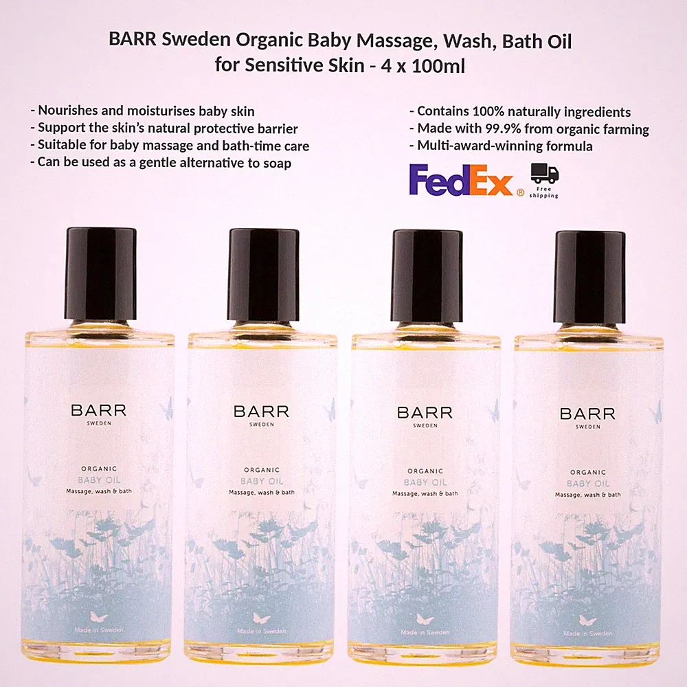 4x BARR Sweden Bio-Babyöl Parfümfrei für Empfindliche Haut 100ml