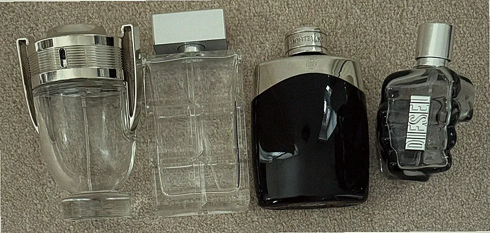 4x Designer leere Aftershave Flaschen - Display Requisiten - Paco Rabanne Boss Diesel