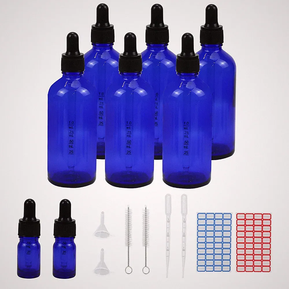 6 Stück 100ml Pipettenflasche, Tropfflasche Blaue Glasflaschen Set inkl. 5ml...