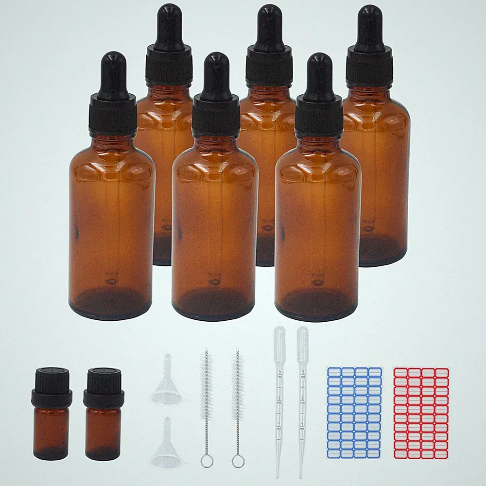 6 Stück 50ml Pipettenflasche, Tropfflasche Braunglasflaschen Set inkl. 5ml mi...