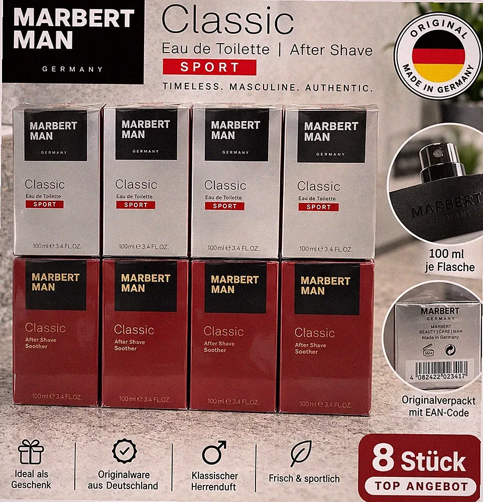 8× Marbert Man Classic – 4× Eau de Toilette Sport + 4× After Shave – je 100 ml