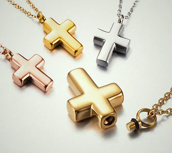 Asche / Haare Urne Andenken Anhänger Kreuz 31 mm mit Kette, Edelstahl