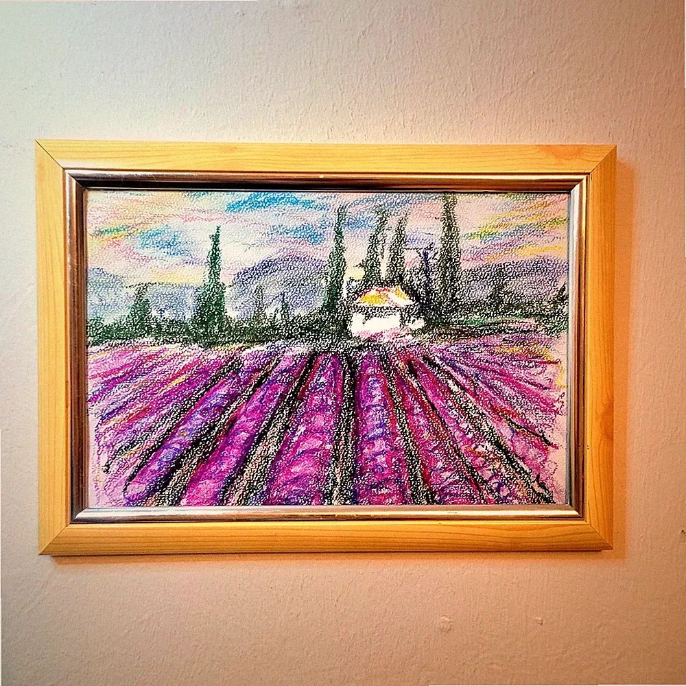 Bild 35×25 Kunst Handgemalt Original Öl Pastell Blumen lavendel Natur Paris Baum