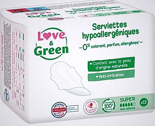 Binden Love & Green 12 Stück, 0% Kunststoff, ohne Parfum, Lotion, Allergene