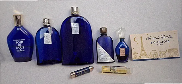 BOURJOIS "SOIR DE PARIS" Set mit 5 alten Flaschen blaues Glas