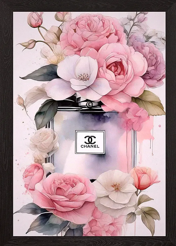 Chanel Parfum mit Blumen gerahmtes Wandbild Poster Leinwanddruck Bild