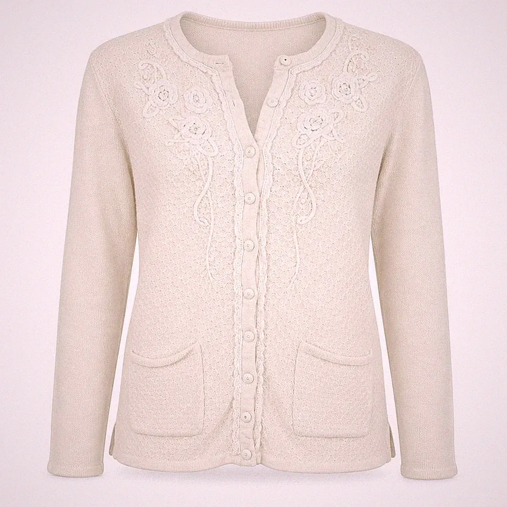 Duft Damen Strickjacke Pullover Größe S Elfenbein Rundhals Langarm Taschen