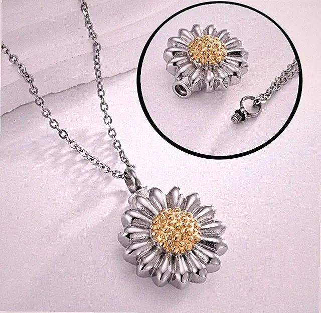 Edelstahl Asche / Fell Urne Gedenk-Anhänger Blume Gänseblümchen Kamille, Kette