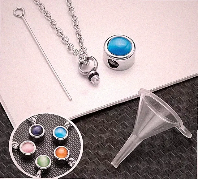 Edelstahl Asche / Haare Urne kleiner Gedenk-Anhänger rund, Kette 55 cm