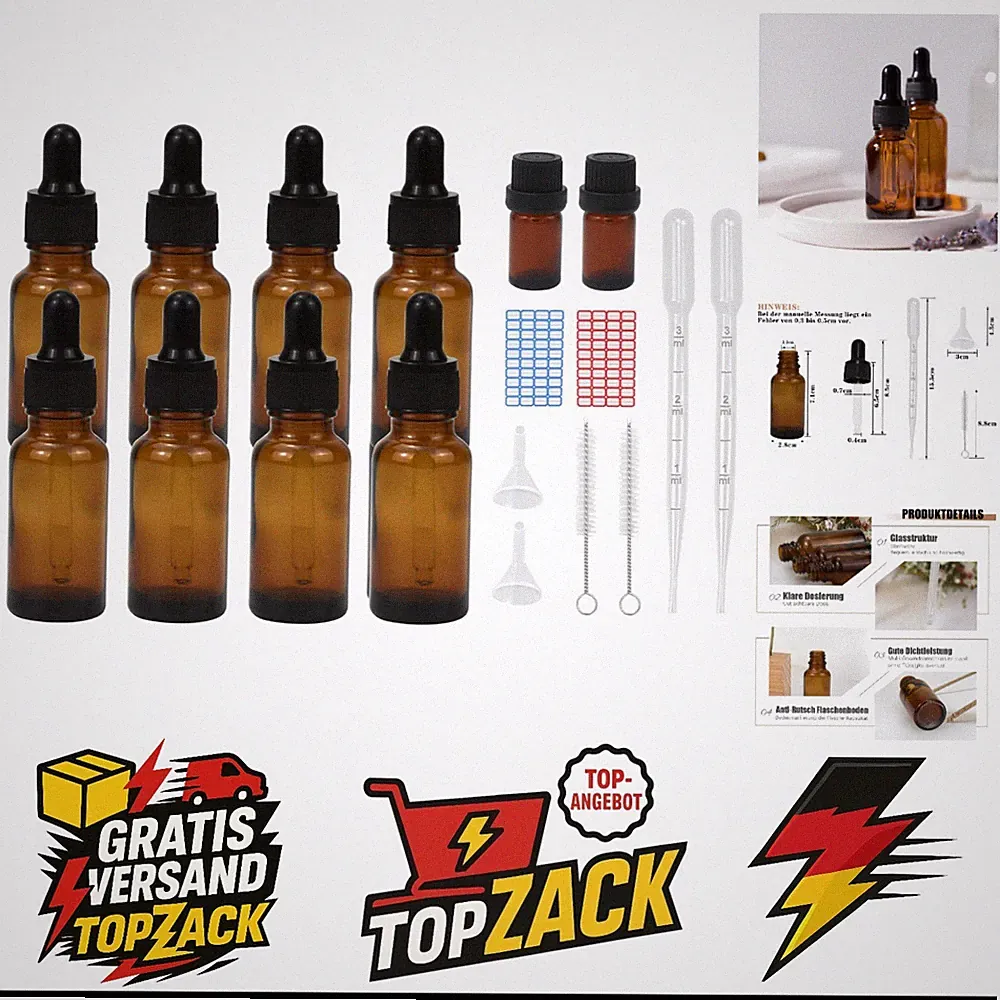 Episkey 8x 20ml braune Pipettenflaschen Set mit Kappen Pipettenkappen für äth...