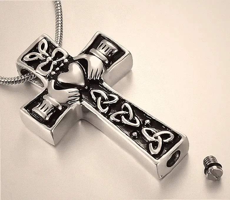 Großer massiver Edelstahl Asche Gedenk-Anhänger Claddagh Kreuz keltisch, Kette