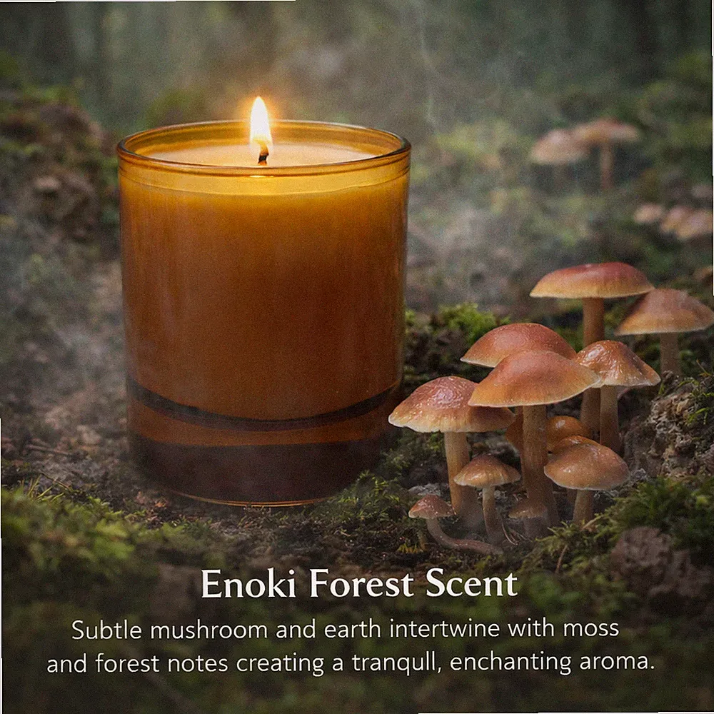 Handgefertigte Sojawachskerze - Enoki Waldduft | Braunglas | 200ml | Holzdocht