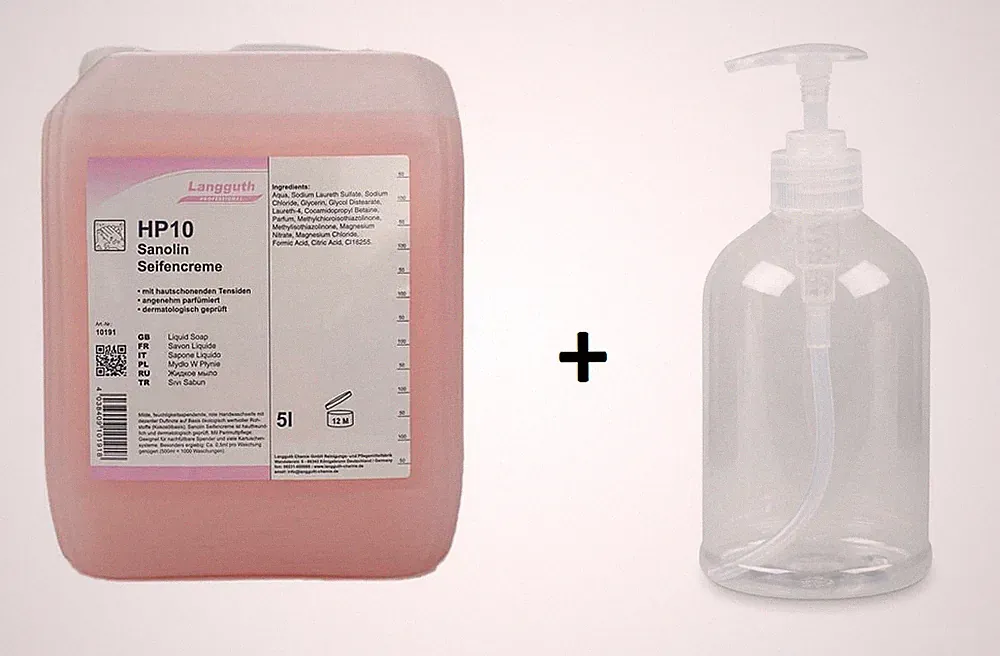 Langguth Sanolin HP10 Seife mild 5 Liter rosa Cremeseife + Dispenser Flasche