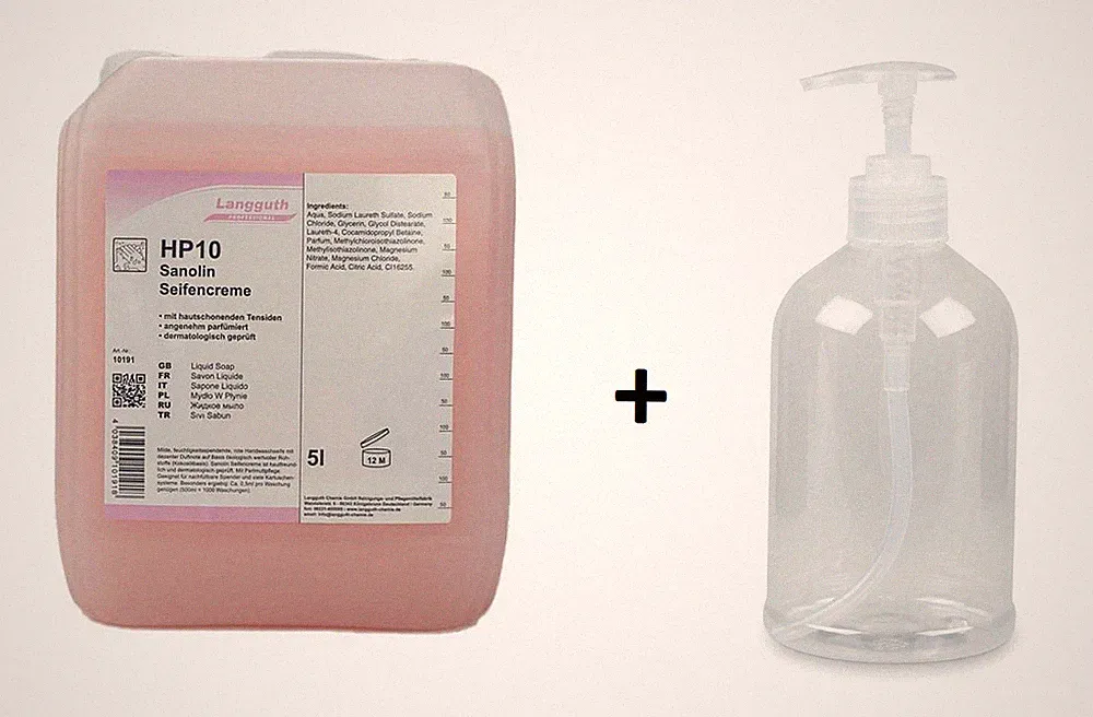 Langguth Sanolin HP10 Seife mild 5 Liter rosa Cremeseife + Pump-Flasche 500 ml