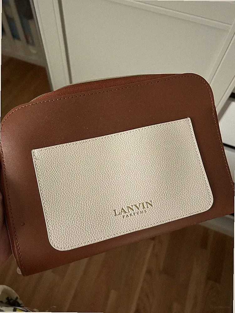 lanvin parfum leather travel bag, brown and white, cosmetic bag, 24x17x2,5cm