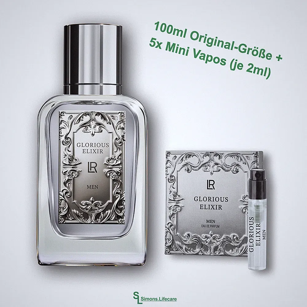 🩶 LR GLORIOUS ELIXIR Eau de Parfum für Männer, 100ml + 5 Mini Vapos GRATIS 🩶