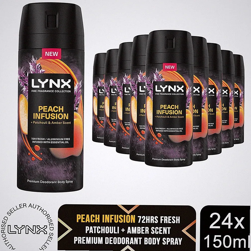 Lynx Body Spray Fine Fragrance Collection Peach Infusion for Men 150ml, 24er Pack