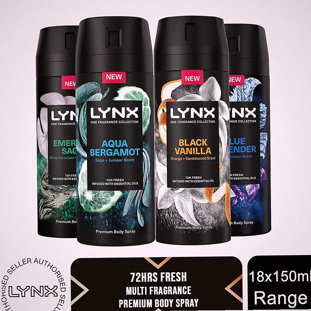 Lynx Fine Fragrance Collection 72H Fresh Premium Deodorant Body Spray, 18x 150ml