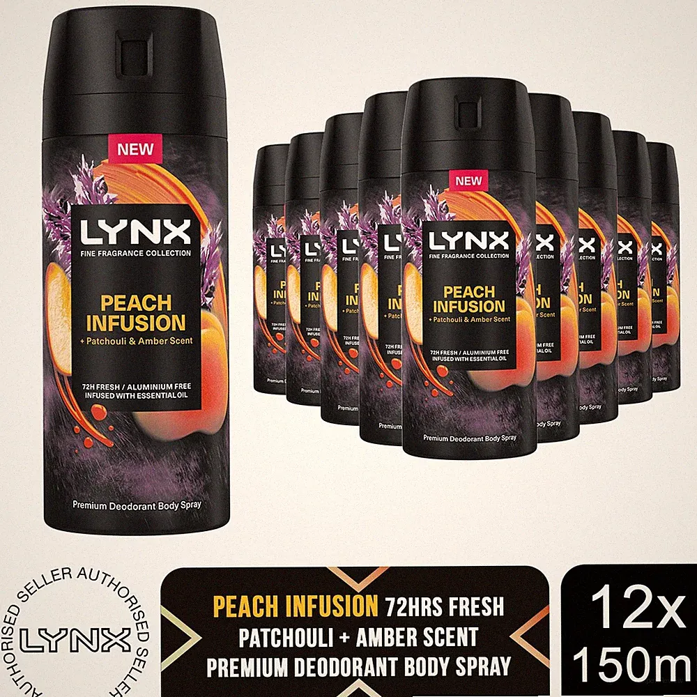 Lynx Fine Fragrance Peach Infusion Body Spray 150ml 72H Herren Deodorant 12er Pack