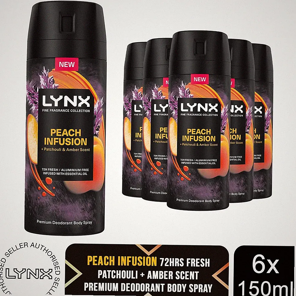 Lynx Fine Fragrance Peach Infusion Body Spray 150ml 72H Herren Deodorant 6er Pack
