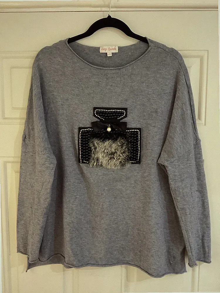 Made in Italy Lagenlook grau verzierter Parfum Stretch Strick Pullover - Gr. XL