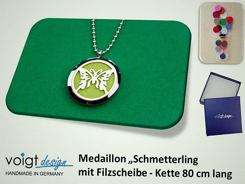 Medaillon SCHMETTERLING Filzscheibe Duft Aroma Halskette 80 cm Geschenkschachtel