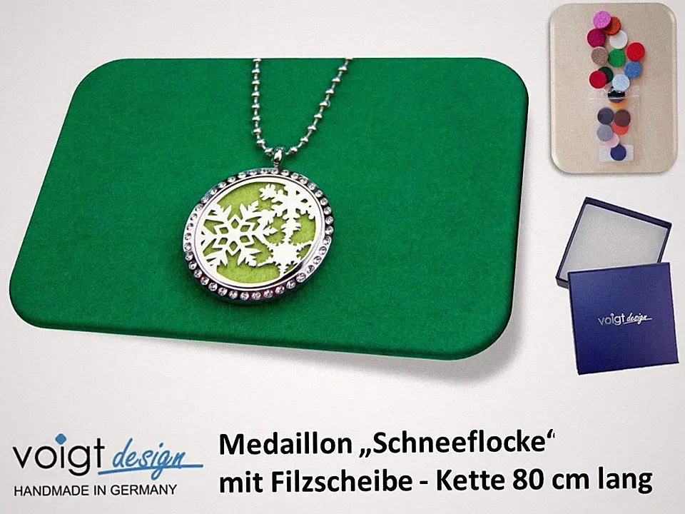 Medaillon SCHNEEFLOCKE Filzscheibe Duft Aroma Halskette 80 cm Geschenkschachtel
