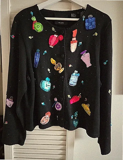 Michael Simon Black Sweater Cardigan Perfume Bottles Ribbon Cotton Ramie XL