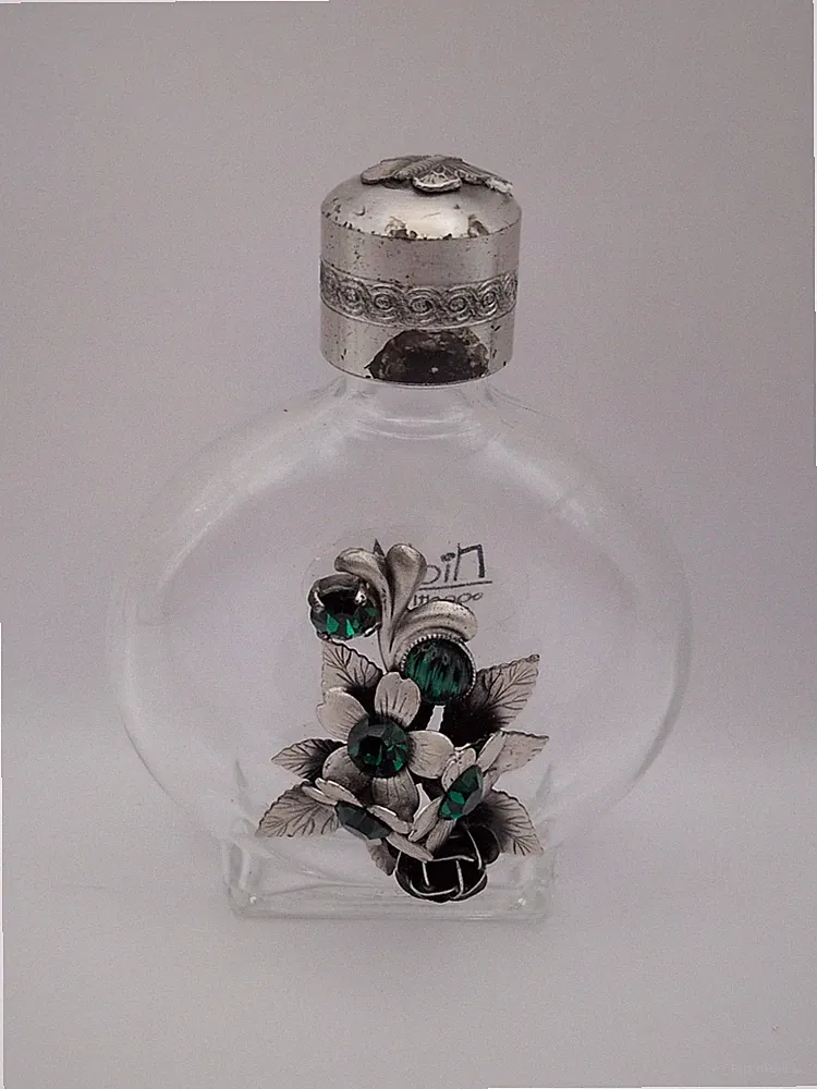 Nicla Oggetti italienischer Parfümflakon - Glas & Metallkappe, grüner Edelstein Blumendekor