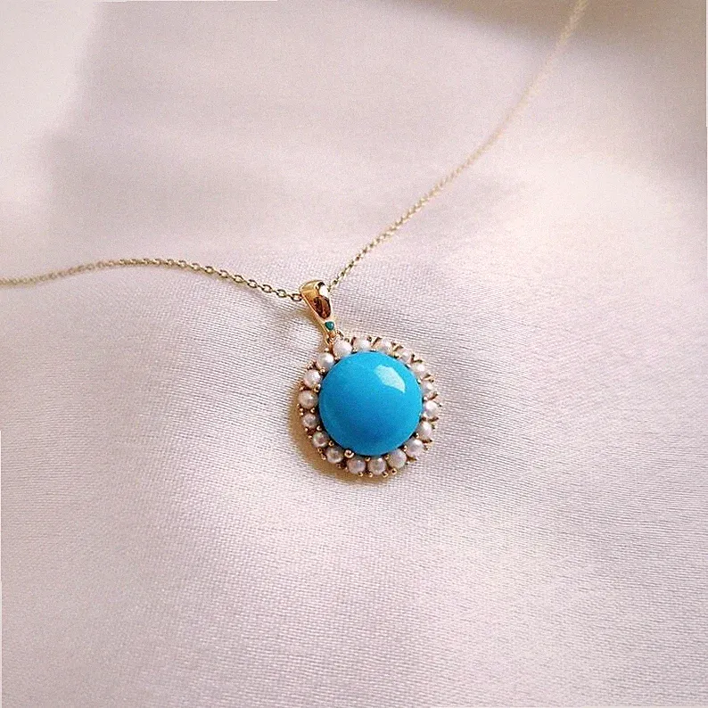 Ohne Kette 14K Gelbgold Natürlicher Türkis Und Perle Zierlicher Anhänger Schmuck