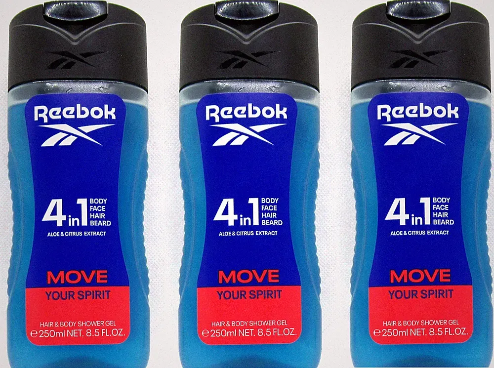 Reebok MOVE YOUR SPIRIT 4in1 Duschgel für Gesicht Körper Haare und Bart 3x 250ml