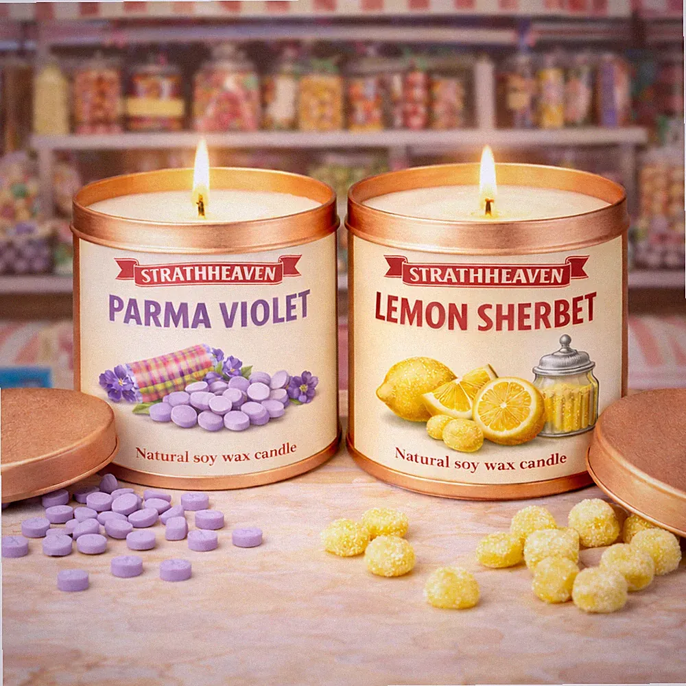 Retro Sweet Shop starker Duft Sojawachskerze Parma Violett Zitrone Sherbet Geschenkdose