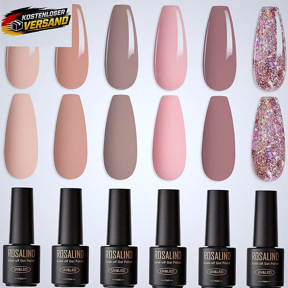 ROSALIND UV Nagellack, 6 Farben Mini Nackt Rosa Nude Glitzer Soak off UV LED Nai