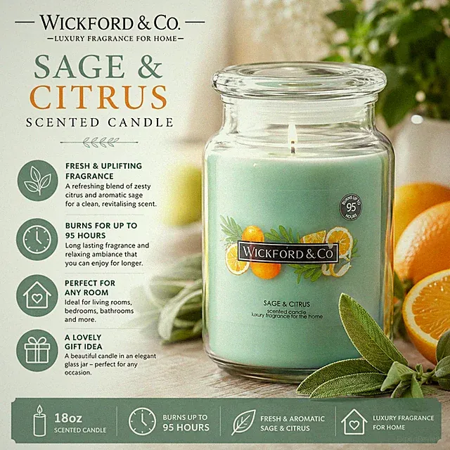 Sage & Citrus Wickford & Co Large Jar Candle 95hr Long Burn Duftduft