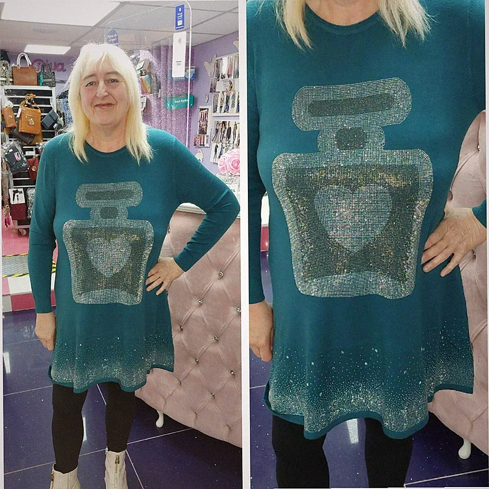 Türkis Silber GLAM GLITZERNDE PAILLETTEN PARFÜM Long Pullover Pulli Gr. 14-16-18-20