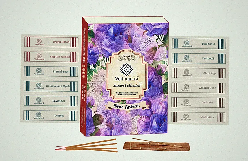 Vedmantra Free Spirit Aromatherapie 12 Premium Duft Räucherstäbchen Set Gratis Halter