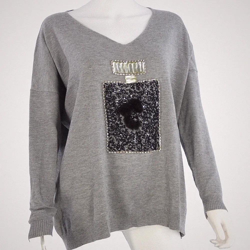 Verzierter Pullover Parfum Flakon Motiv Grau Pailletten Strick Cristina Paris One Size