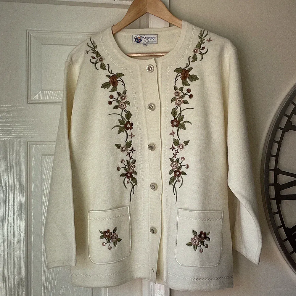 Vintage Fragrance Collections Creme Knopf Strick Stickerei Cardigan Damen UK M