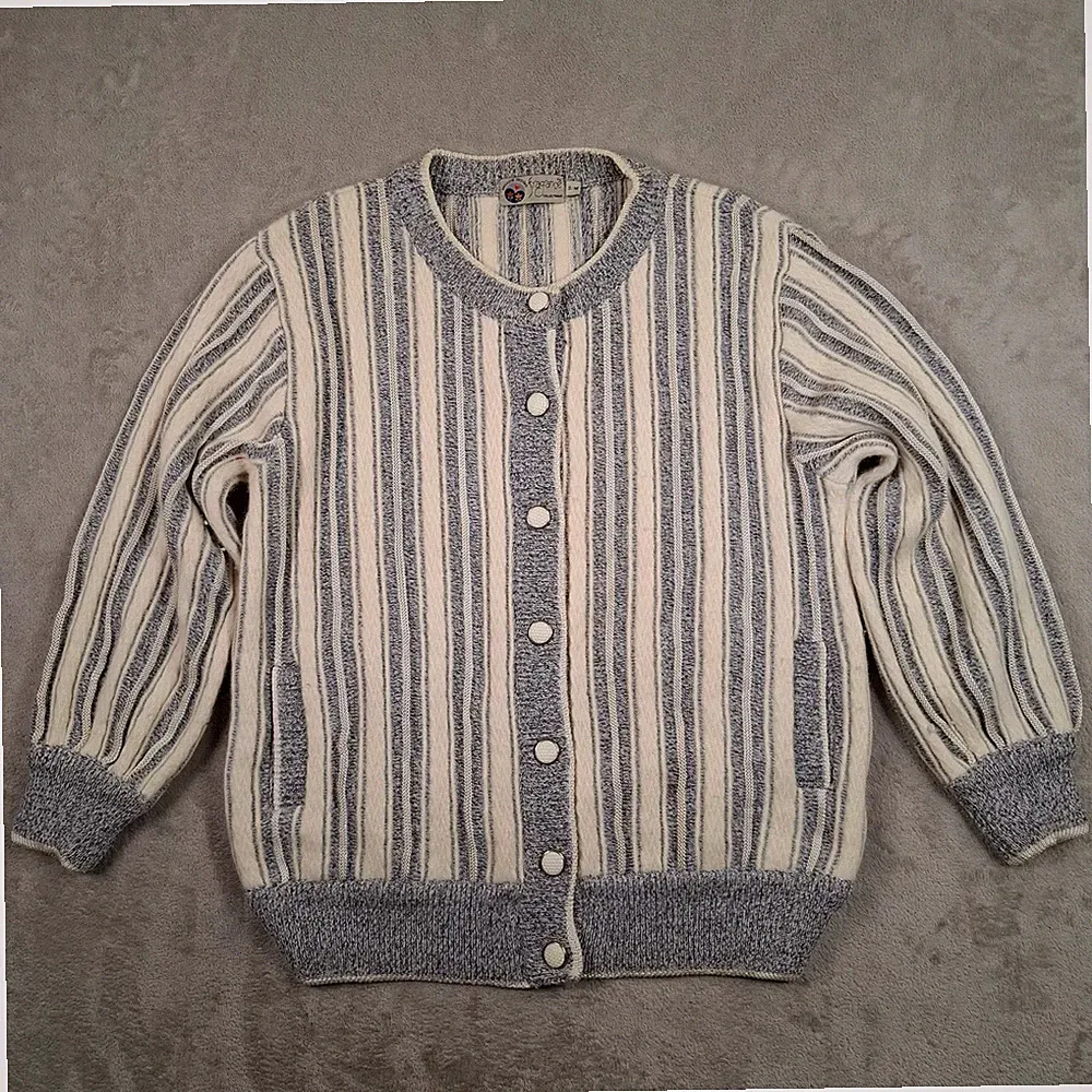 Vintage Strickjacke Damen M grau creme gestreift Wollmischung Opa Strick Oma